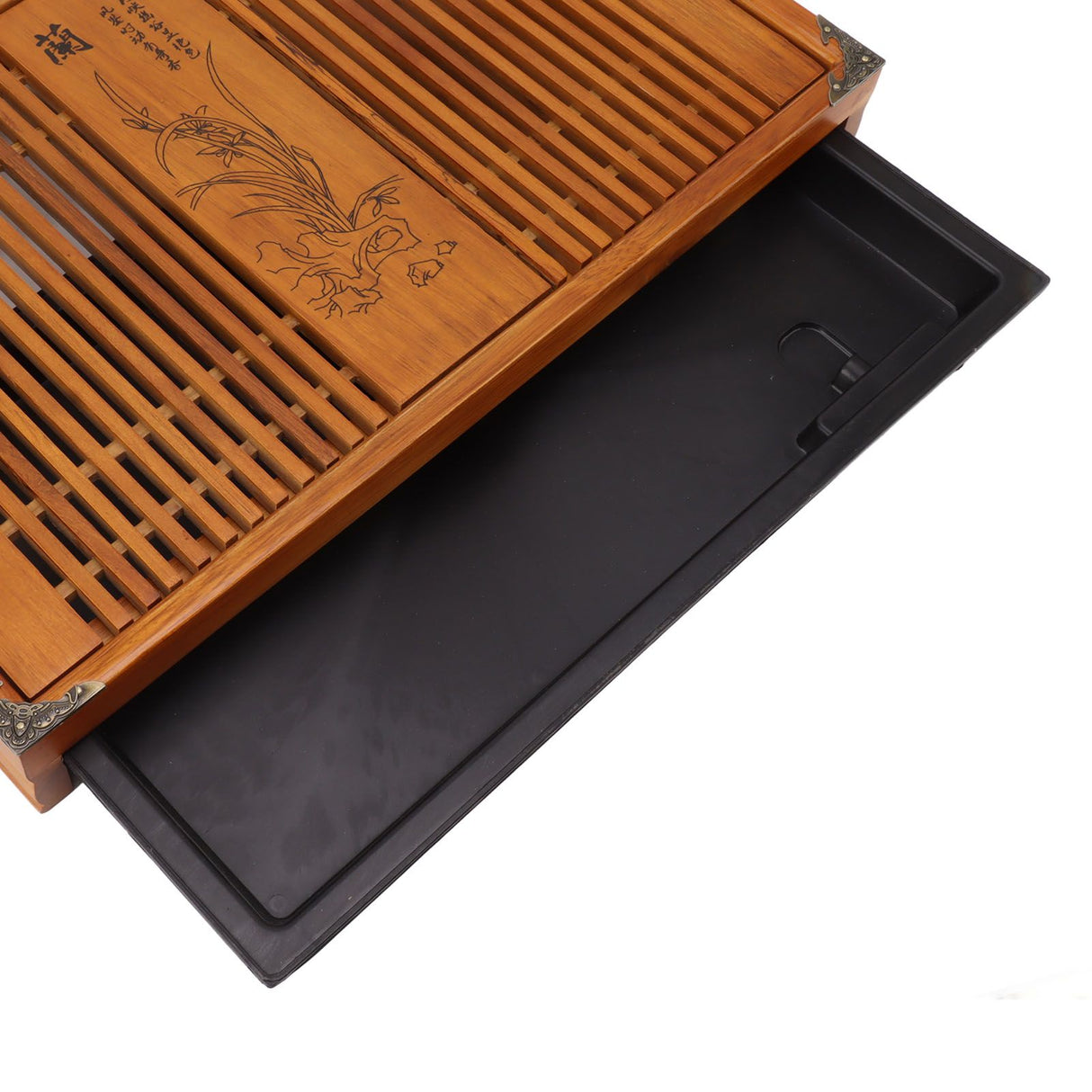 Kungfu Tea Tray Chinese Gongfu Tea Tray Drainage Water Storage Wood Tea Table with Drain Pipe Yellow Orchid