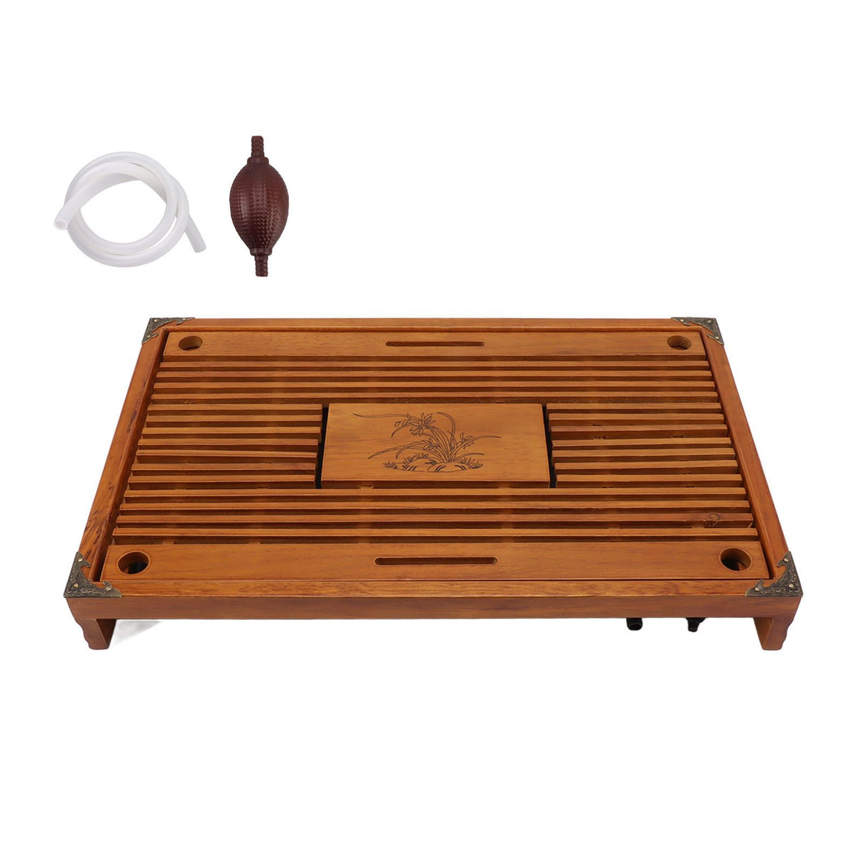 Chinese Style Kongfu Tea Tray Wooden Teaboard Drainage Water Storage Serving Tray Orchid Pattern Yellow