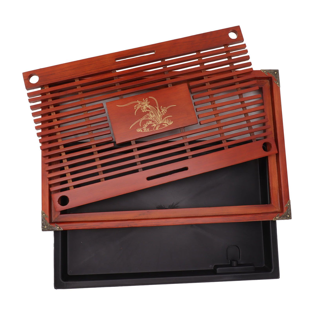 Chinese Style Kongfu Tea Tray Wooden Teaboard Drainage Water Storage Serving Tray Orchid Pattern Dark Red