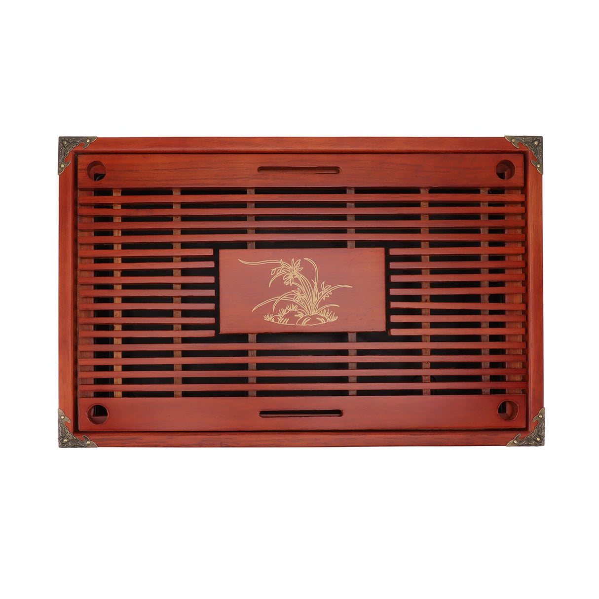 Chinese Style Kongfu Tea Tray Wooden Teaboard Drainage Water Storage Serving Tray Orchid Pattern Dark Red