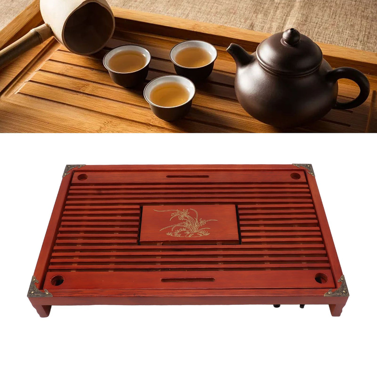 Chinese Style Kongfu Tea Tray Wooden Teaboard Drainage Water Storage Serving Tray Orchid Pattern Dark Red