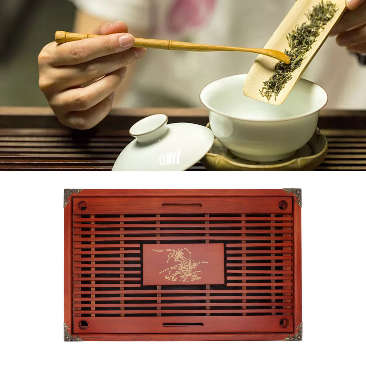 Chinese Style Kongfu Tea Tray Wooden Teaboard Drainage Water Storage Serving Tray Orchid Pattern Dark Red