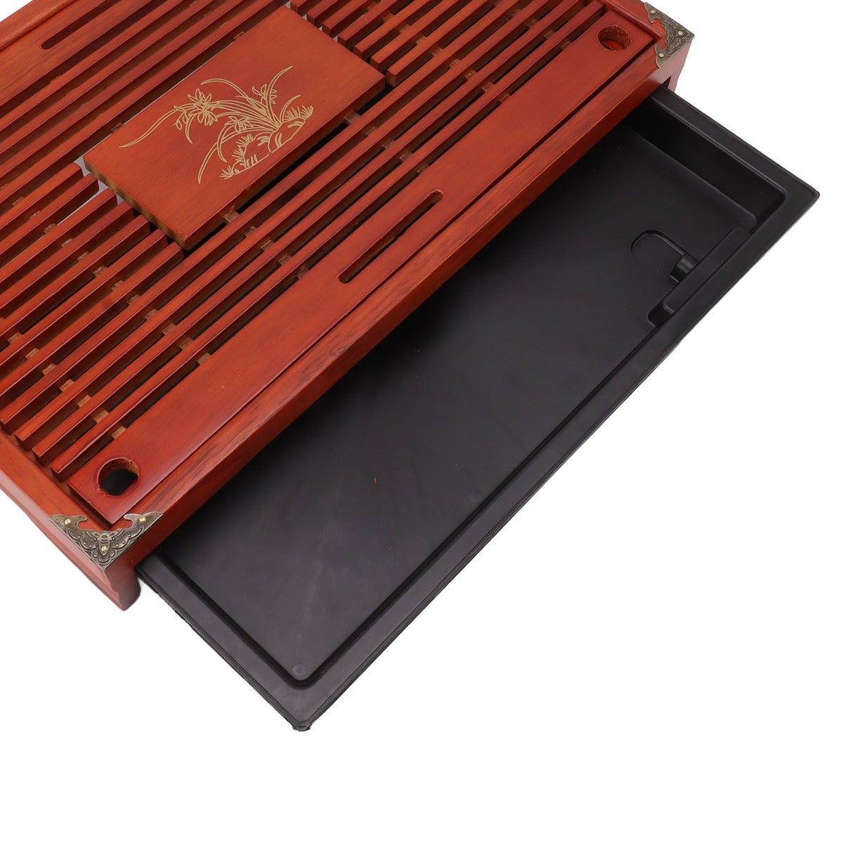 Chinese Style Kongfu Tea Tray Wooden Teaboard Drainage Water Storage Serving Tray Orchid Pattern Dark Red