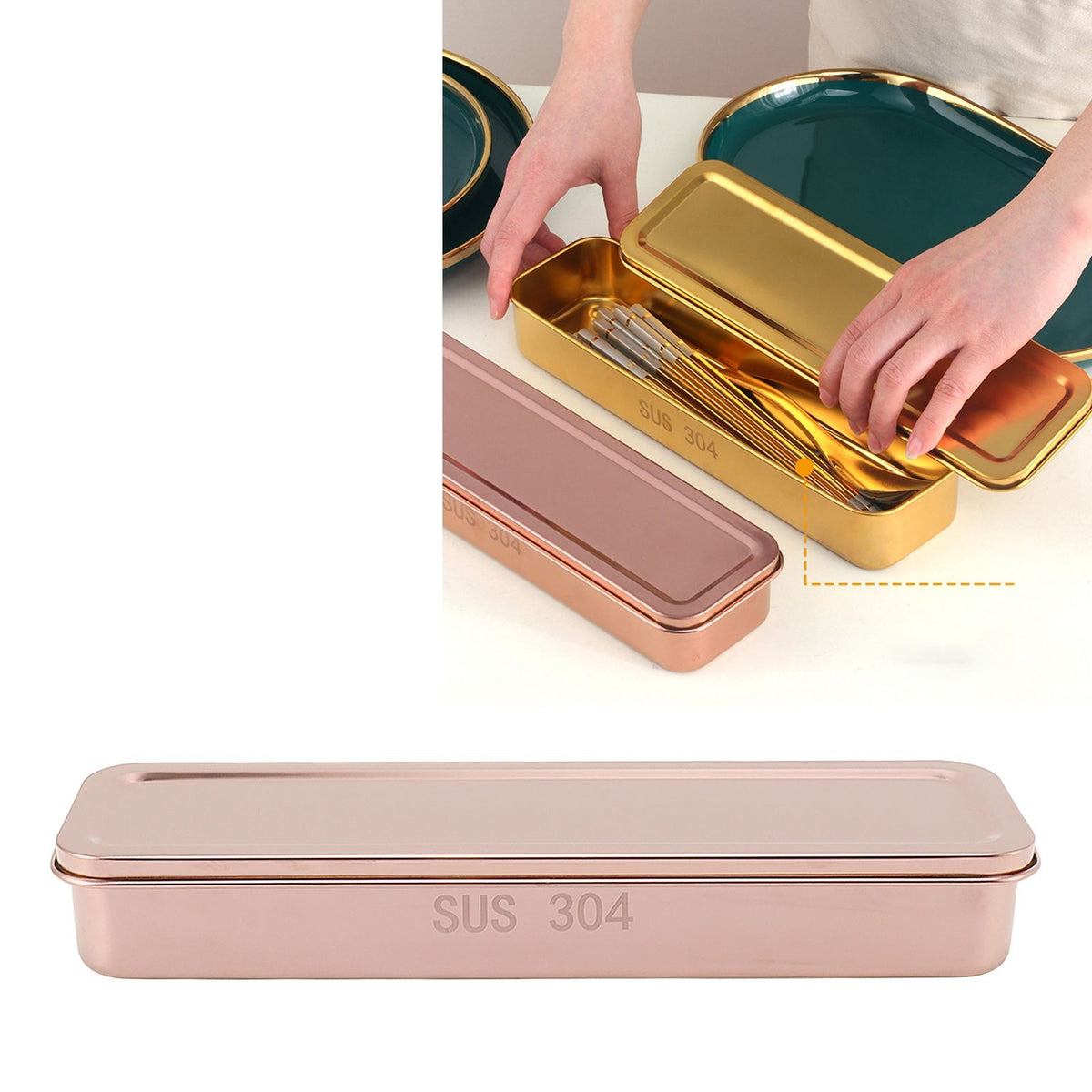 Stainless Steel Cutlery Tray Holder Kitchen Chopstick Spoon Fork Storage Box with Lid Drainer Rose Gold