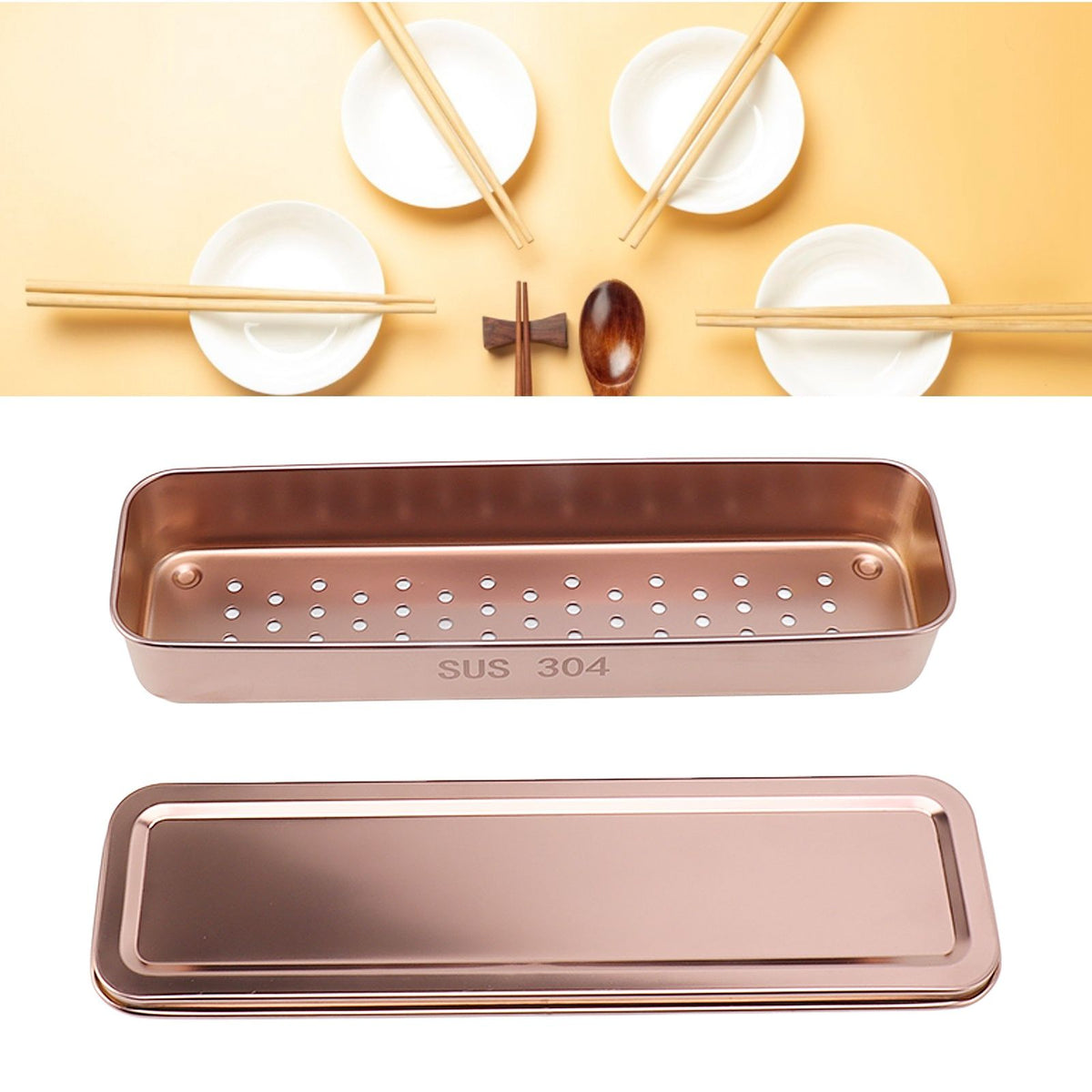 Stainless Steel Cutlery Tray Holder Kitchen Chopstick Spoon Fork Storage Box with Lid Drainer Rose Gold