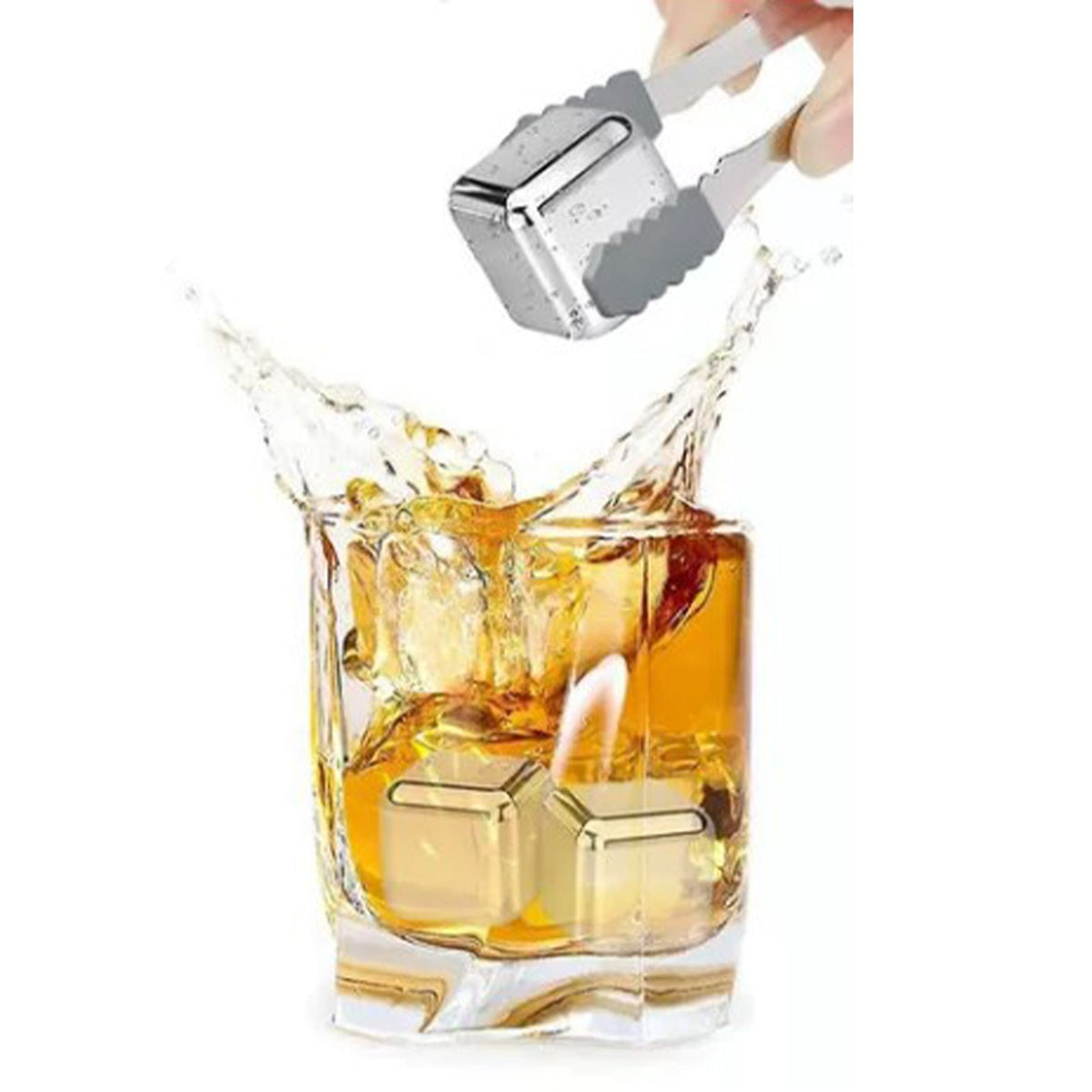 8PCS Metal Ice Cubes 304 Stainless Steel with Ice Tongs Widely Used Whiskey Stones for Chilling Whiskey Beverage