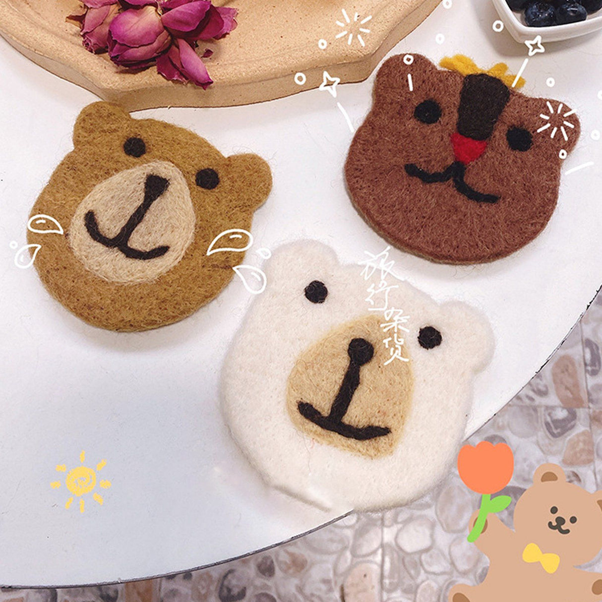 Bear Wool Felt Coaster Cute Soft Insulated Anti Slip Decorative Drink Coaster for Coffee Brown Free Size