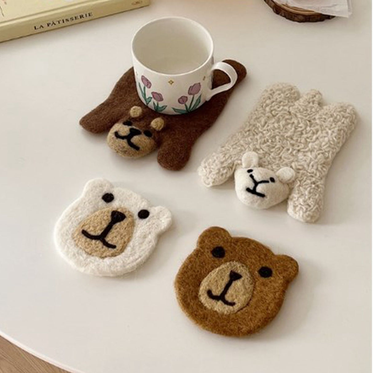 Bear Wool Felt Coaster Cute Soft Insulated Anti Slip Decorative Drink Coaster for Coffee Brown Free Size