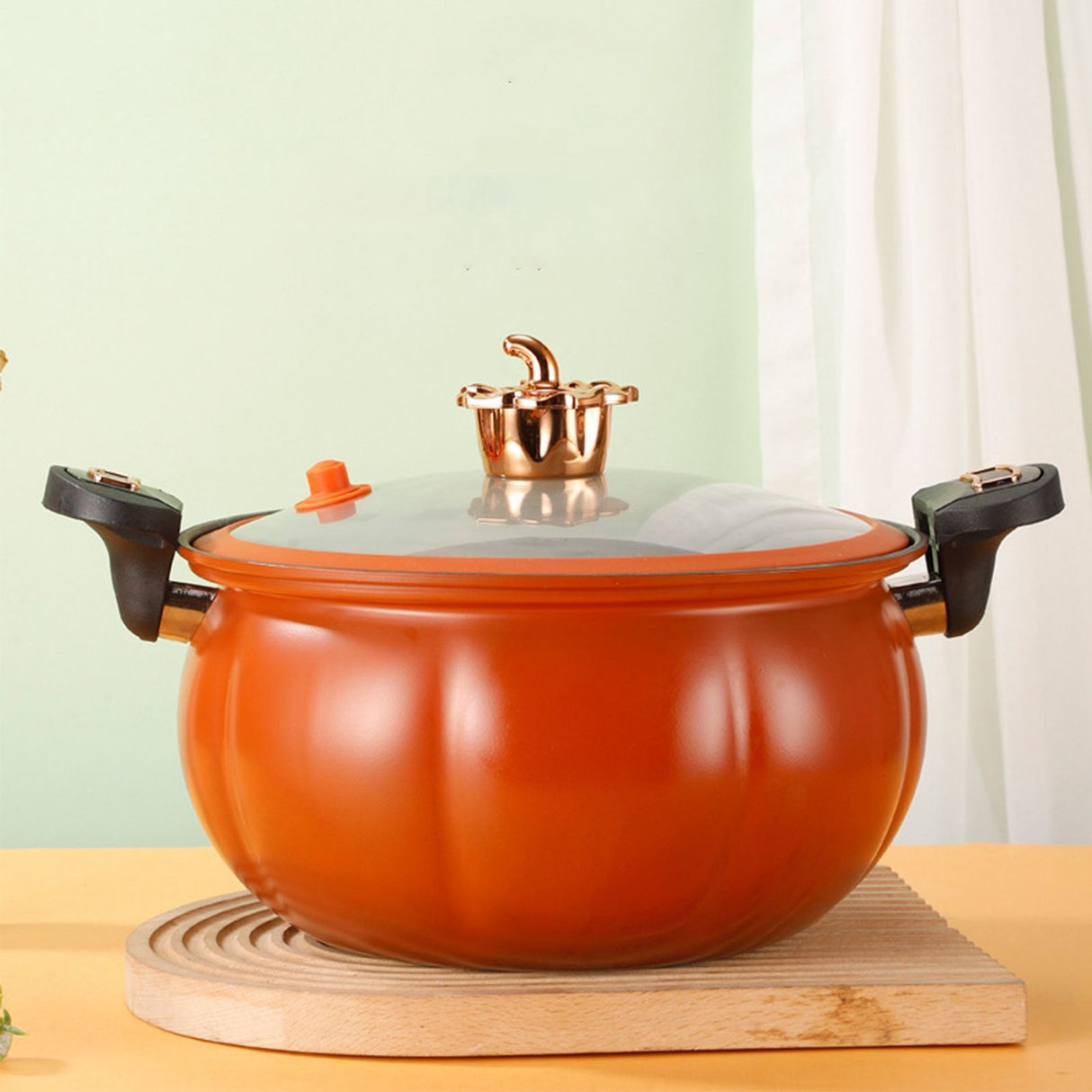 Micro Pressure Cooker Pumpkin Non Stick Multifunctional Soup Pot Gas Stove Universal Kitchen Tool with Glass Lid Brown 28cm