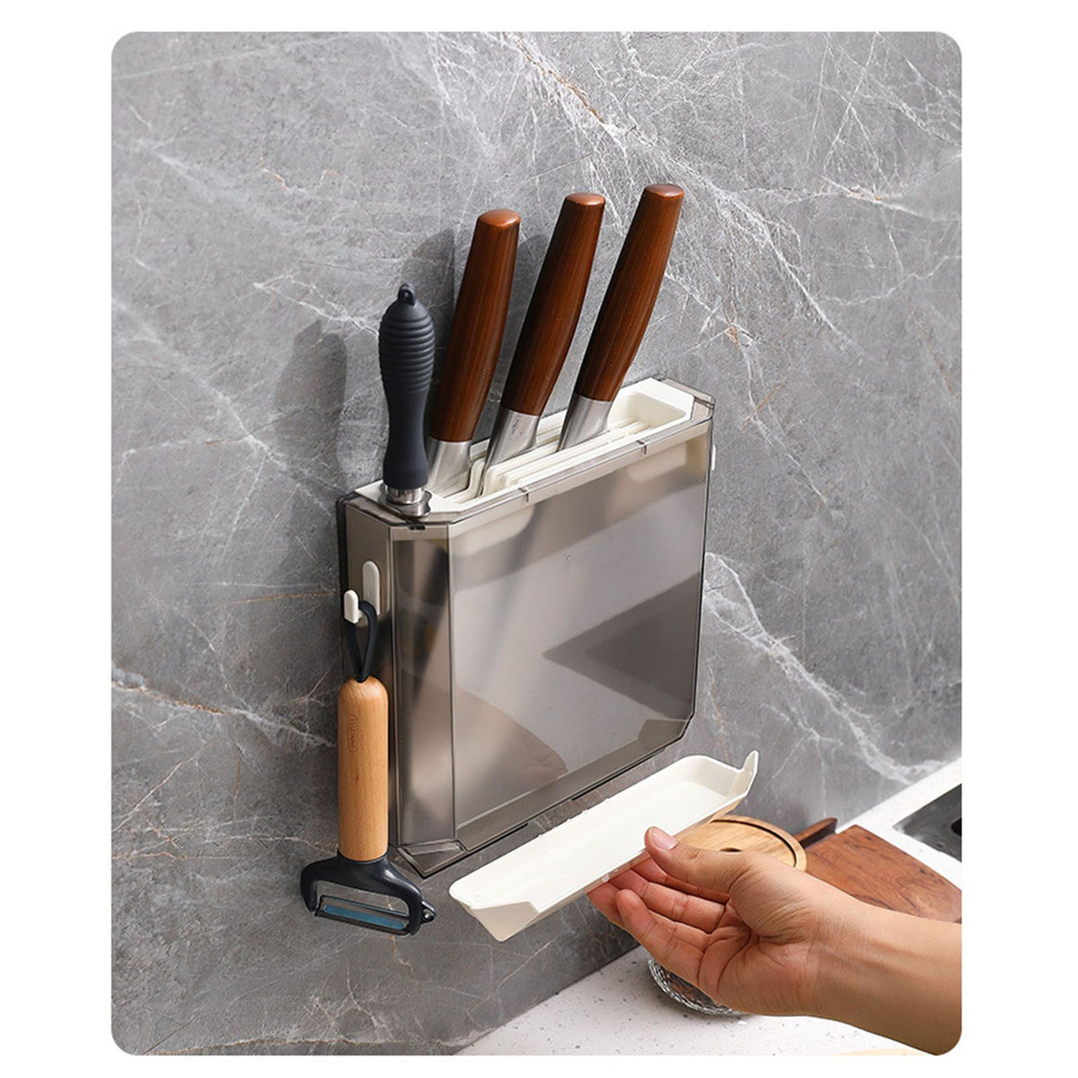 Kitchen Knife Holder Transparent PET Wall Mounted Storage Block Tools Hanging Rack Holder Shelf Gray