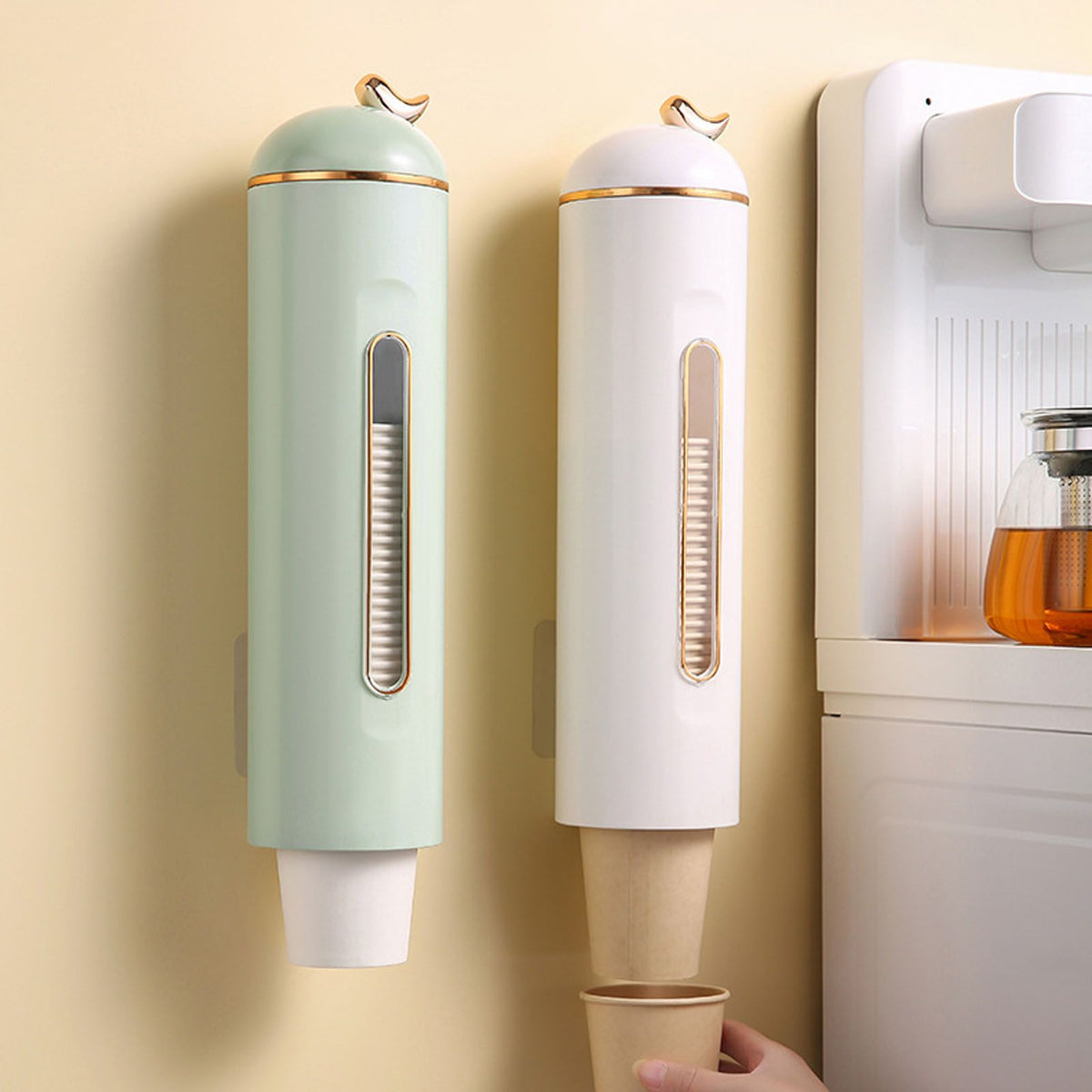 Paper Cup Dispenser Wall Mounted Pull Type Water Cup Holder Dispenser with Transparent Window for Home Kitchen Office Grass Green