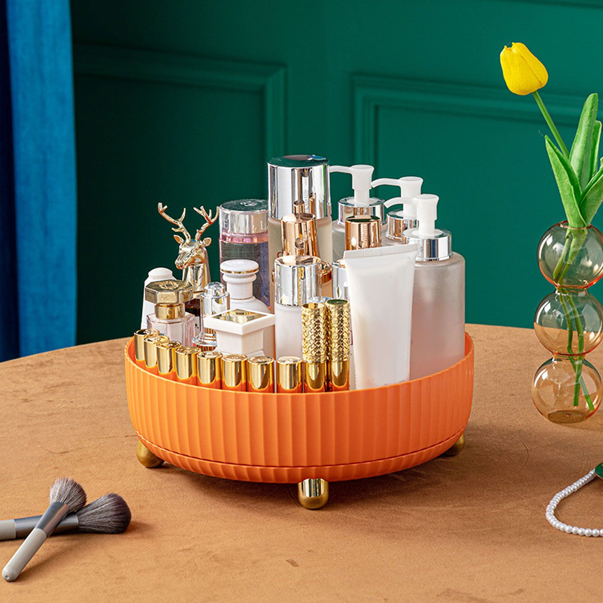 360 Degree Rotating Storage Rack Organizer Round Cosmetic Spice Rack Turntable for Kitchen Cabinet Pantry Small Orange