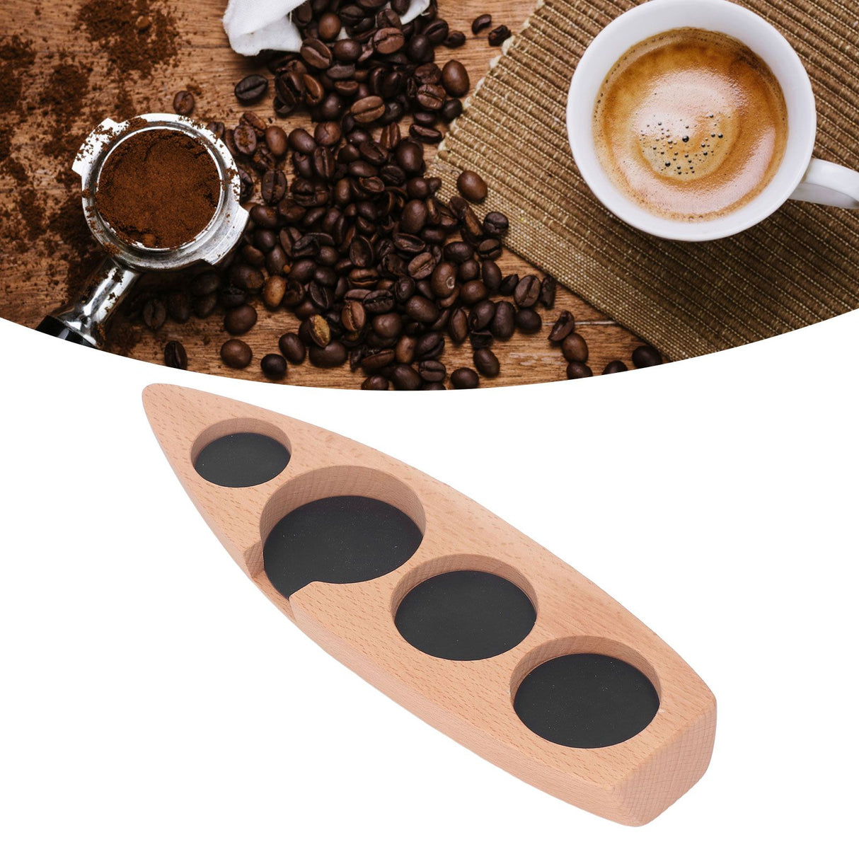 Coffee Tamper Holder Boat Shape 4 Slots Anti Slip Stable Wooden Coffee Tamping Station 53mm/2.1in