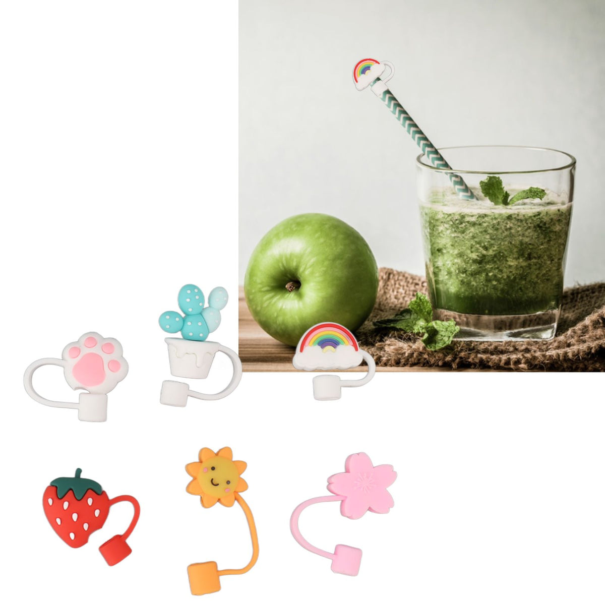 6Pcs Straw Cover Cap Cute Cartoon Reusable Silicone Toppers Drinking Tips Lids Plugs Type B