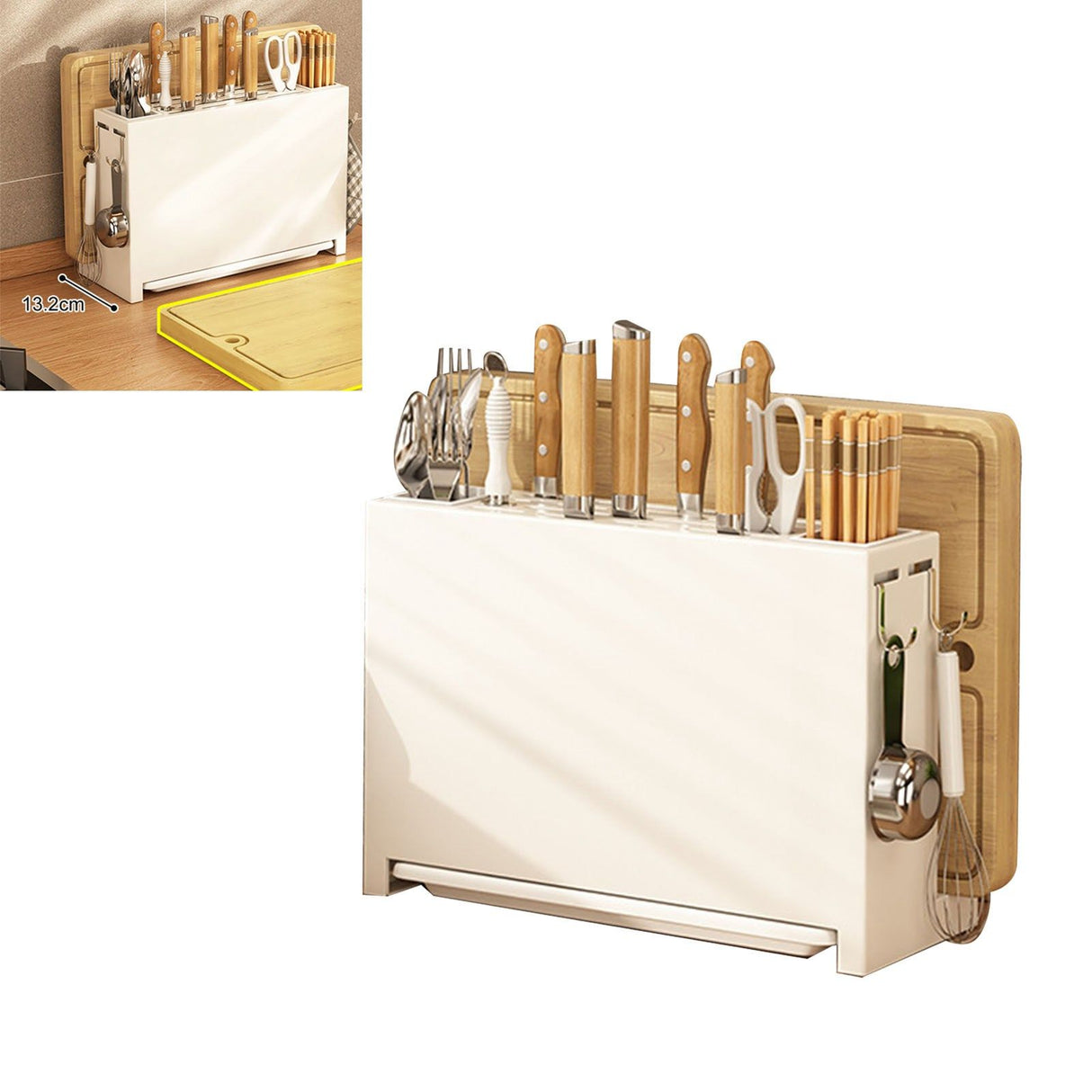 White Kitchen Chopsticks Knife Stand Cutting Board Integrated Magnet Draining Holder for Home