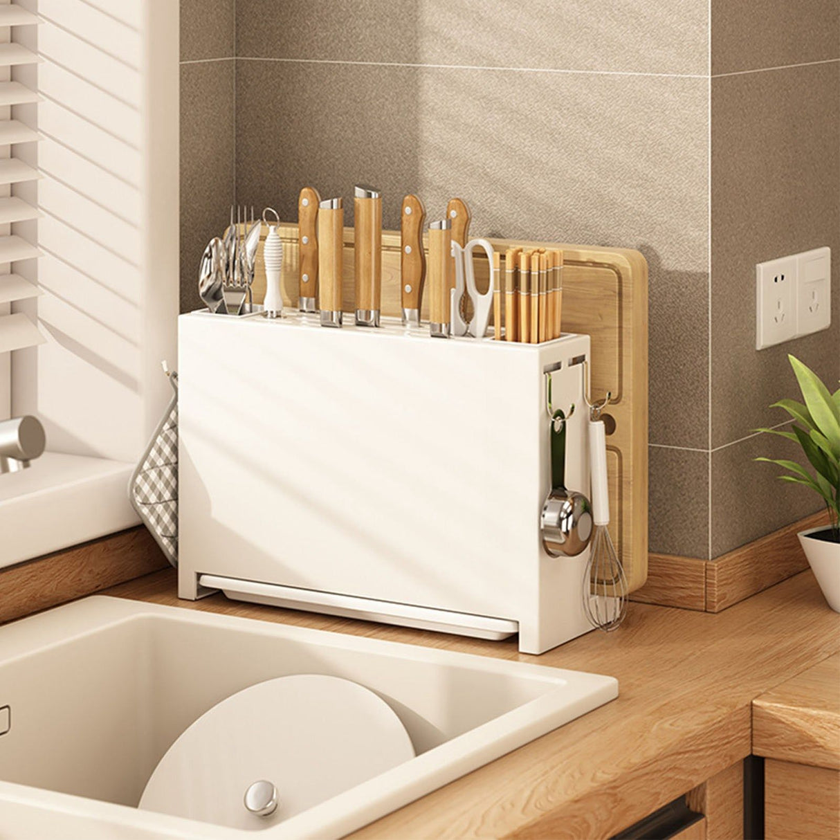 White Kitchen Chopsticks Knife Stand Cutting Board Integrated Magnet Draining Holder for Home