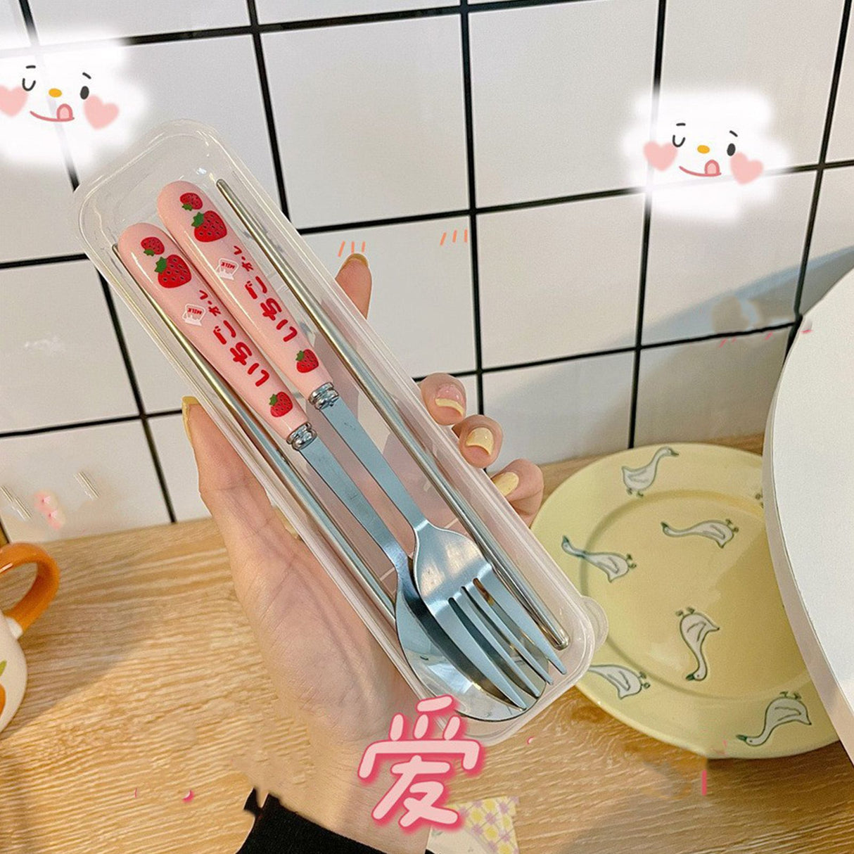 3 Piece Tableware Utensils Set Spoon Forks Chopsticks Rounded Stainless Steel Flatware Cutlery Set with Transparent Box