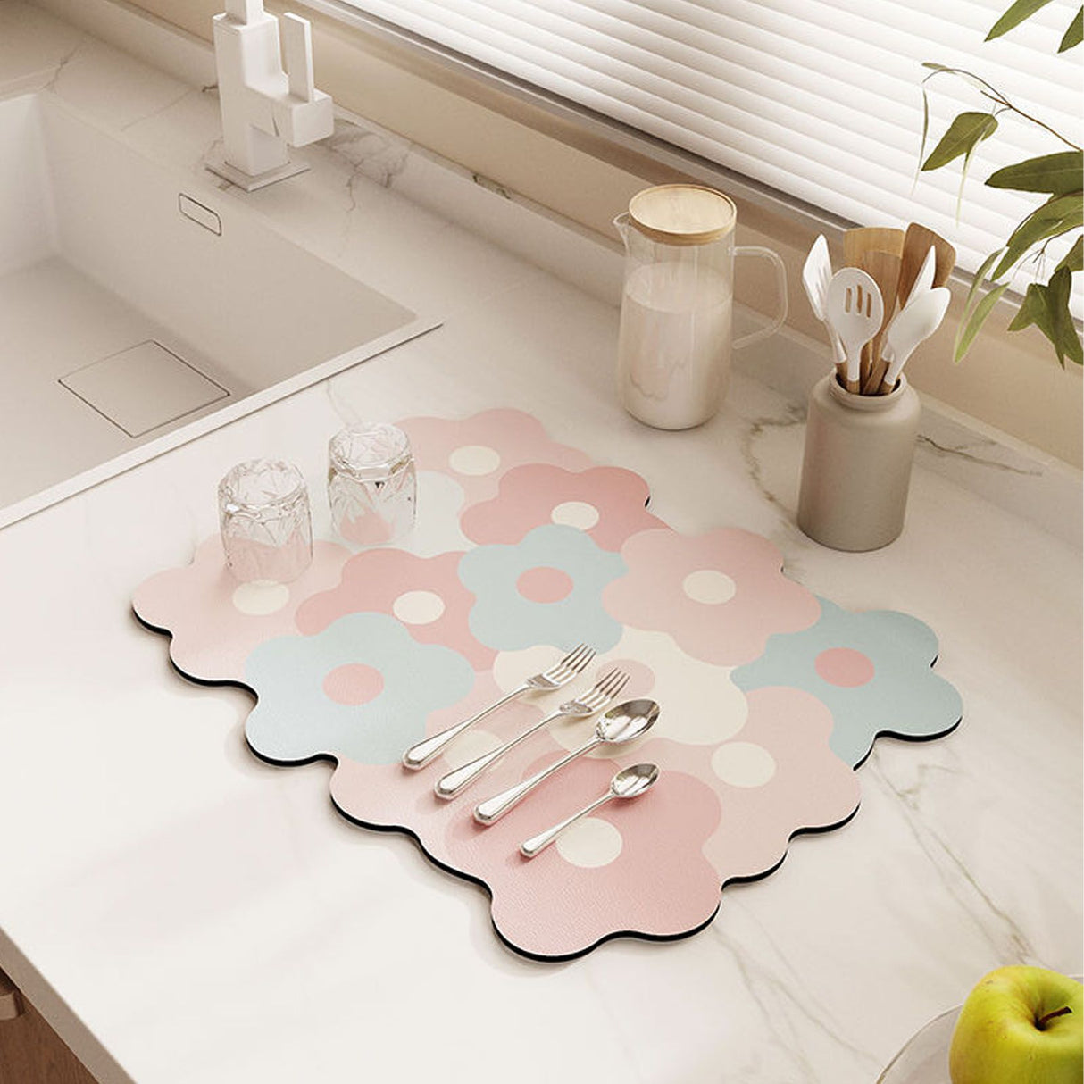 Kitchen Counter Dish Drying Mat Refreshing Cute Elegant Heat Resistant Absorbent Dishes Drain Mat Pink and Blue 11.8 X 15.7in