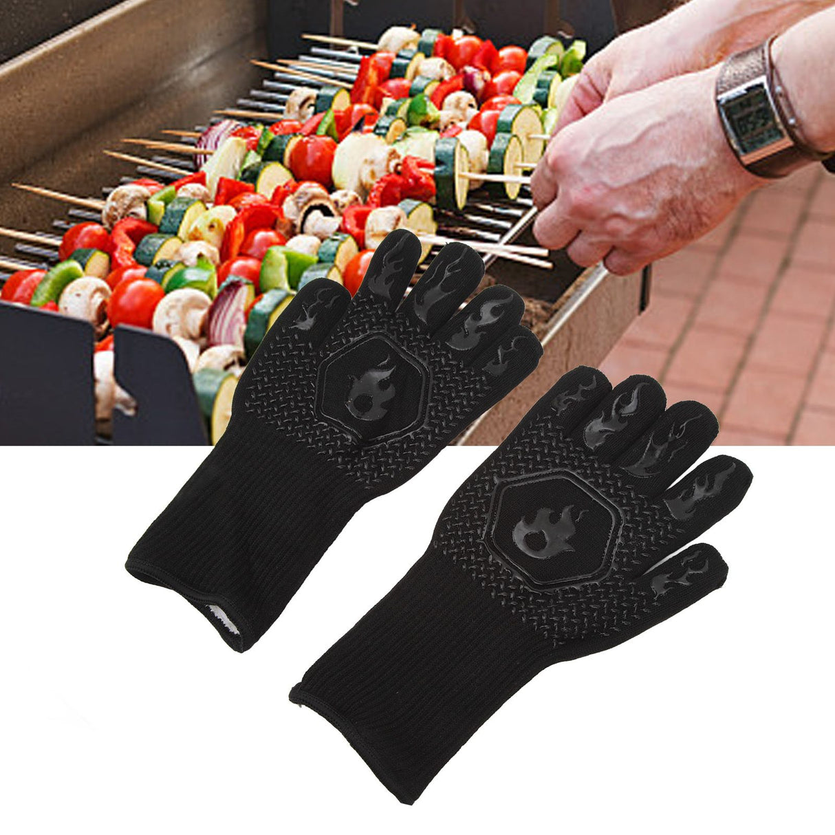 BBQ Gloves Fireproof 800℃ Heat Resistant Double Sided Silicone Large Grill Gloves for Oven Barbecue Cooking Black