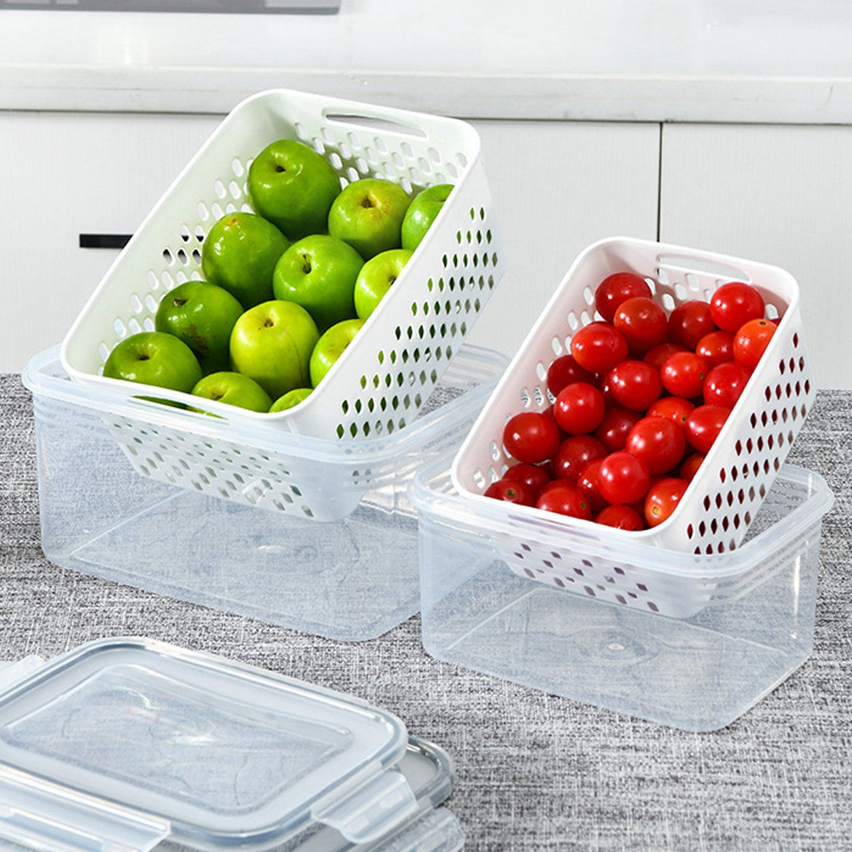 3pcs Drain Storage Basket Box Transparent Leakproof Food Storage Containers with Removable Colander for Fridge
