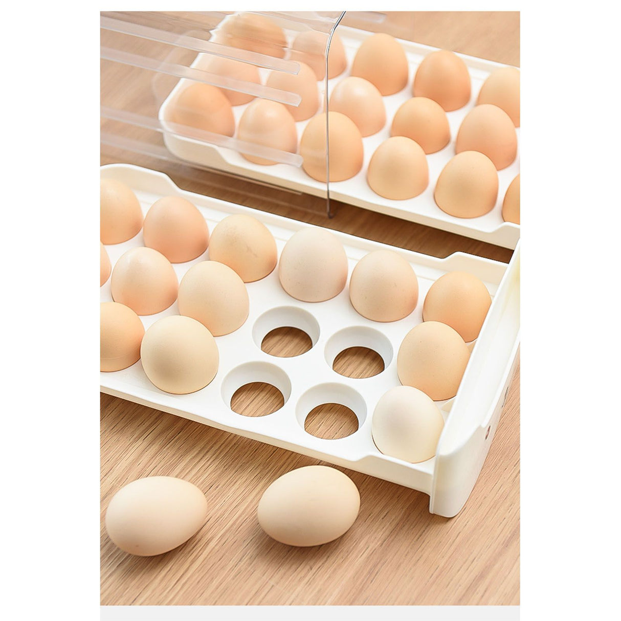 Double Layer Egg Drawer Transparent Lengthen Independent Slot Egg Holder Egg Storage Container for Refrigerator White