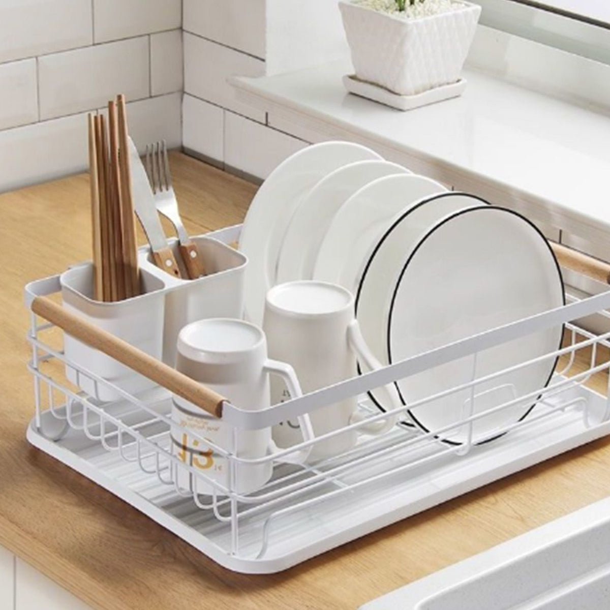 Dish Drainer Kitchen Monolayer Waterproof Cutlery Shelf Tabletop Utensil Storage Shelf White