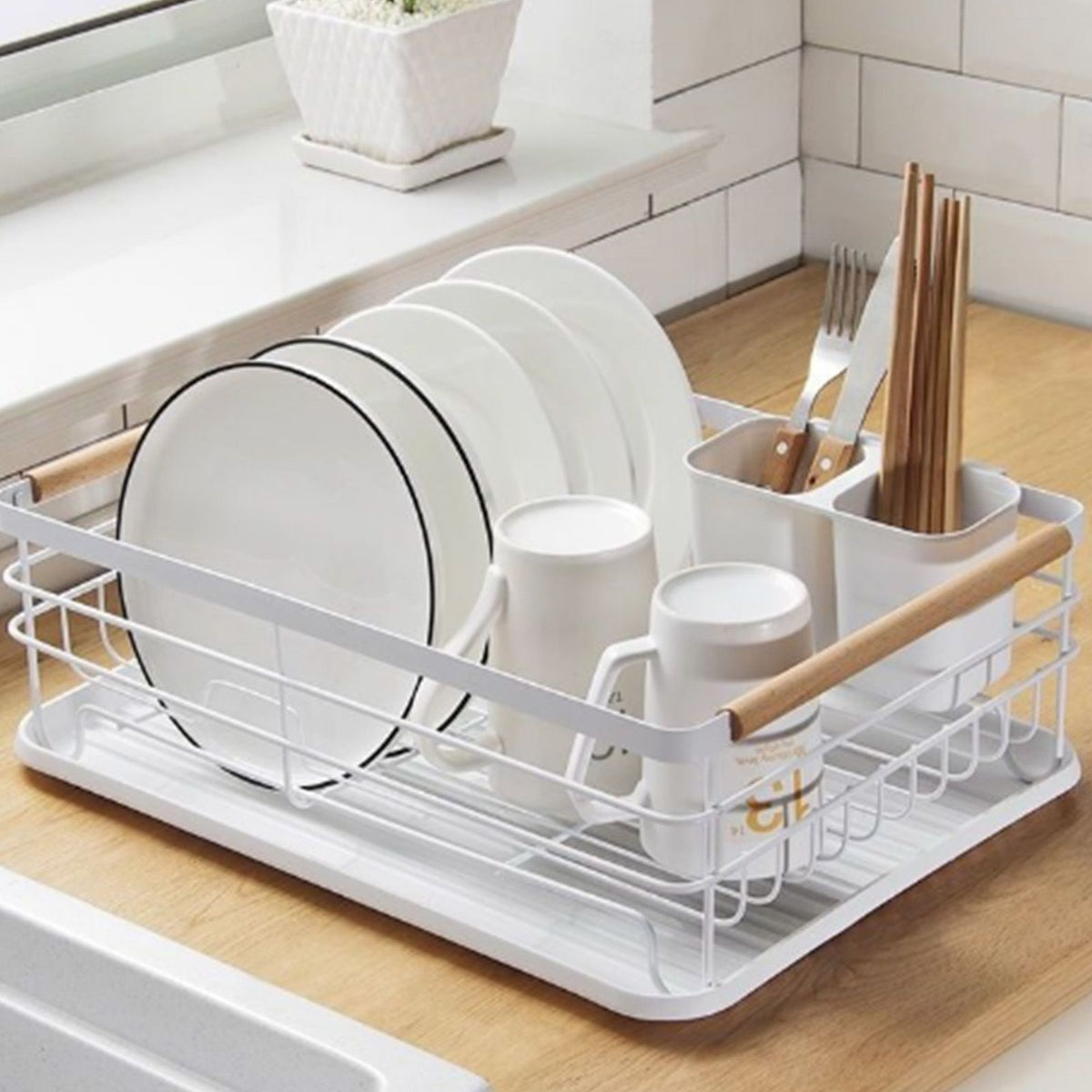 Dish Drainer Kitchen Monolayer Waterproof Cutlery Shelf Tabletop Utensil Storage Shelf White