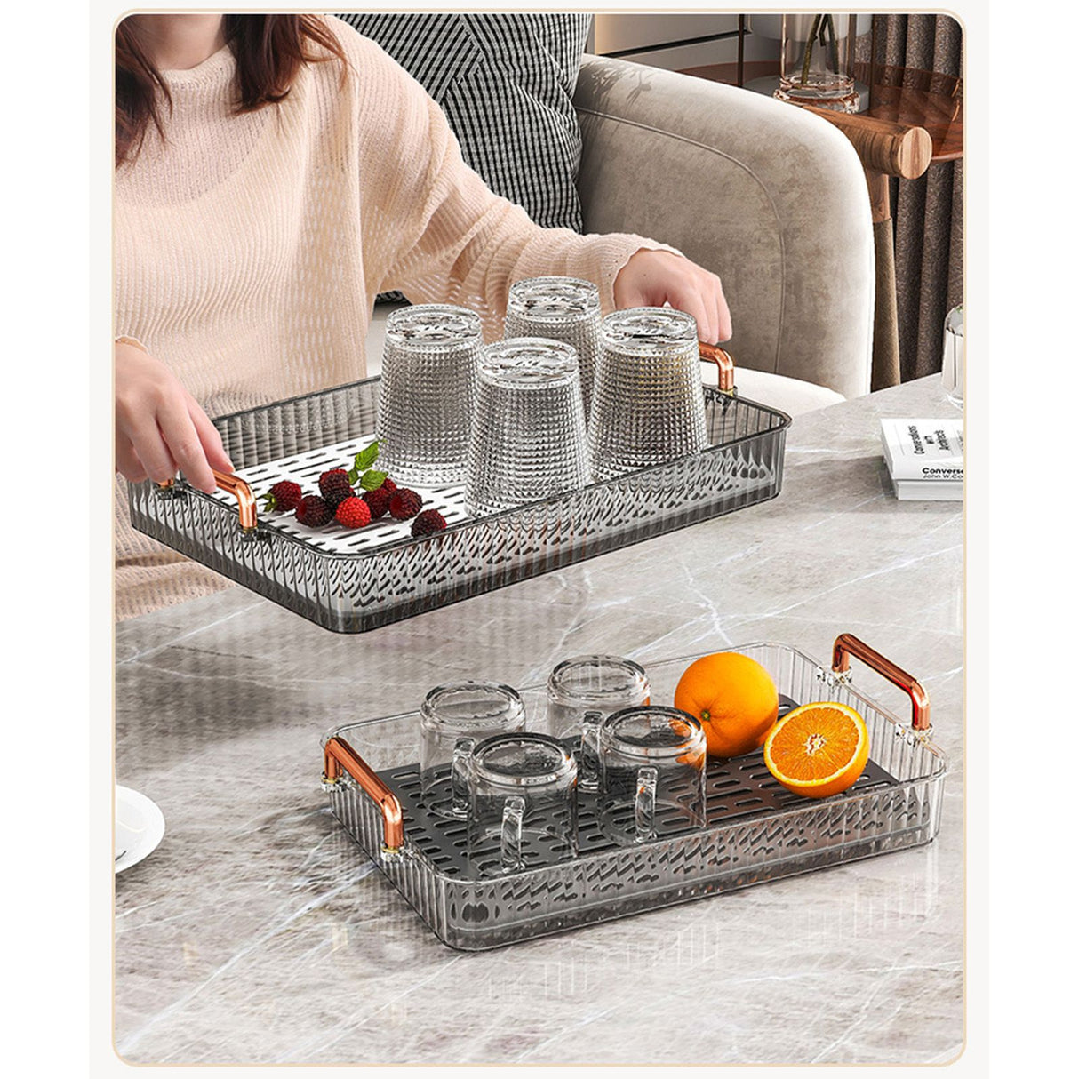 Water Drainage Tea Tray Double Layer Large Capacity Rectangular Cup Drain Board with Handle for Living Room S White