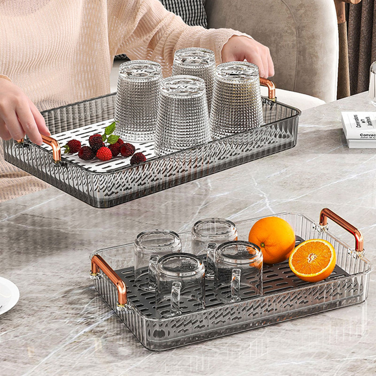 Water Drainage Tea Tray Double Layer Large Capacity Rectangular Cup Drain Board with Handle for Living Room S Gray
