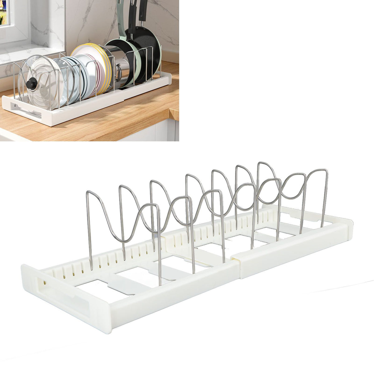 Expandable Pot Organizer Anti Slip Size Adjustable Multi Use Pot Lid Holder for Kitchen Canteen White