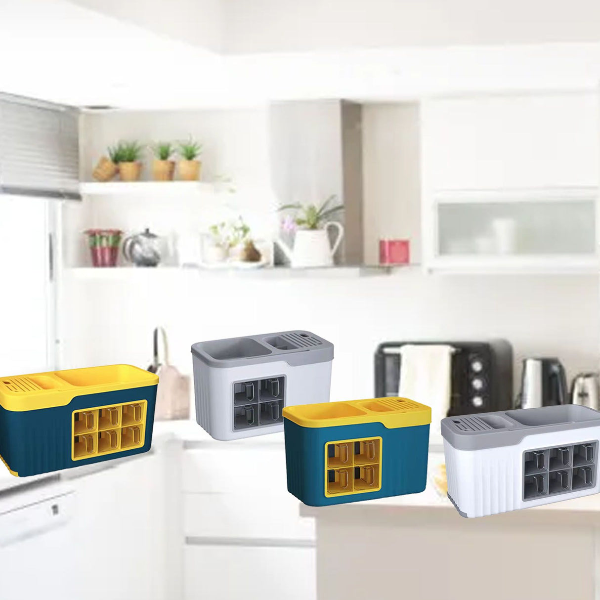 Kitchen Seasoning Storage Rack Plastic Seasoning Storage Rack Multifunctional Knife Rack Spice Organizer Storage Rack Blue and Yellow 4 Cells