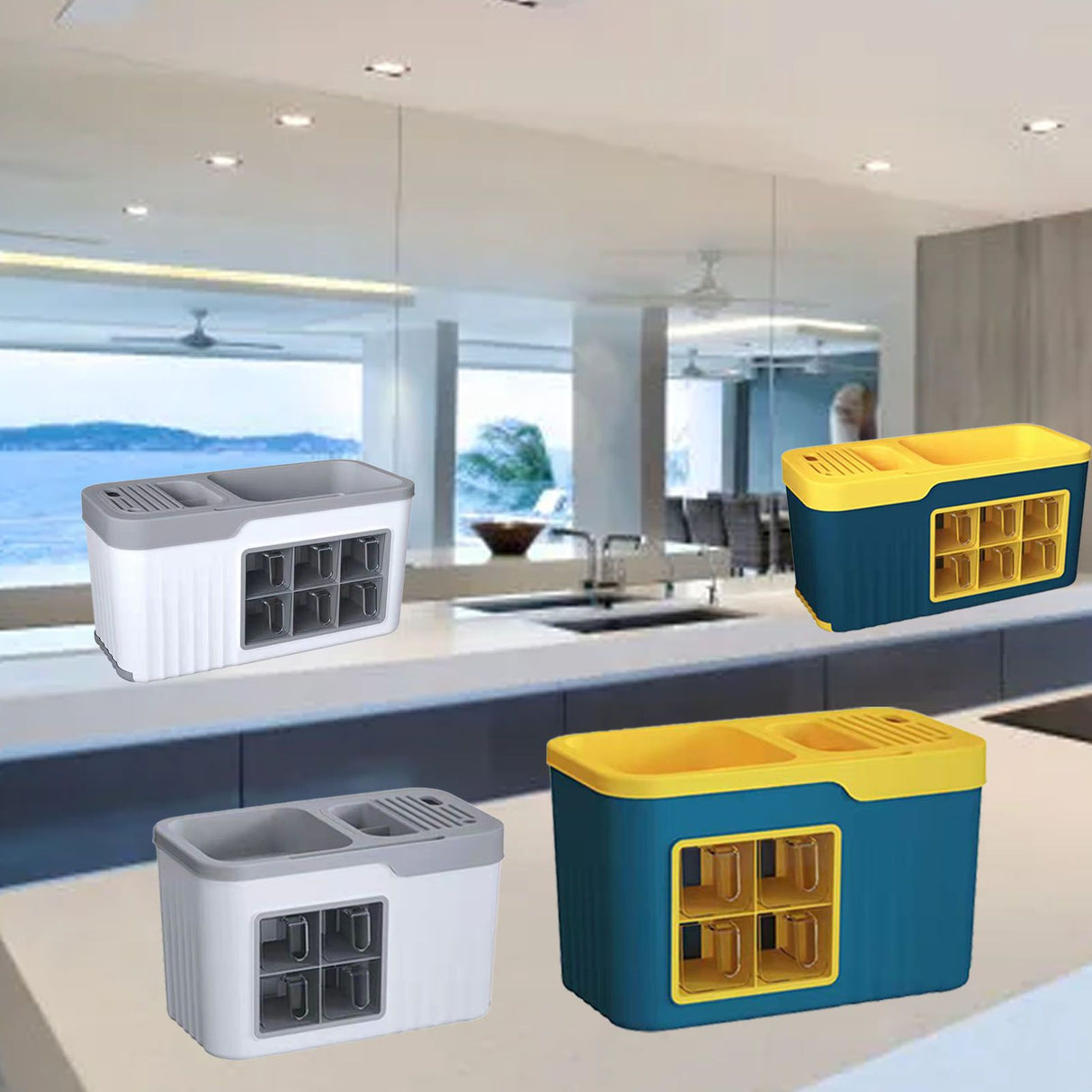 Kitchen Seasoning Storage Rack Plastic Seasoning Storage Rack Multifunctional Knife Rack Spice Organizer Storage Rack Blue and Yellow 4 Cells