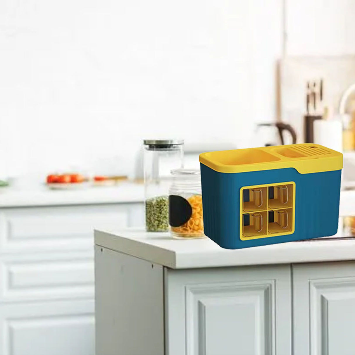 Kitchen Seasoning Storage Rack Plastic Seasoning Storage Rack Multifunctional Knife Rack Spice Organizer Storage Rack Blue and Yellow 4 Cells