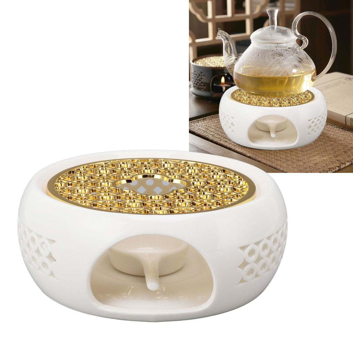 Porcelain Teapot Heater Hollow Frame Round Teapot Warmer Base with Alloy Cushion and Candle Holder