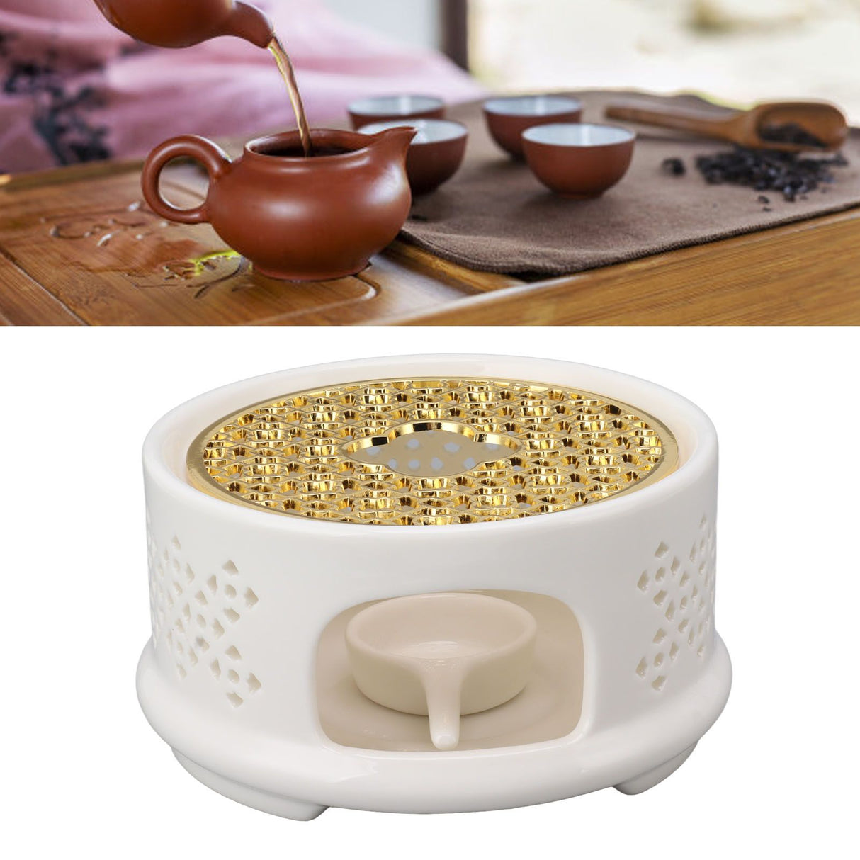 Teapot Warmer Tea Coffee Warmer Base Ceramic Heater with Spoon Lid and Candle Holder White