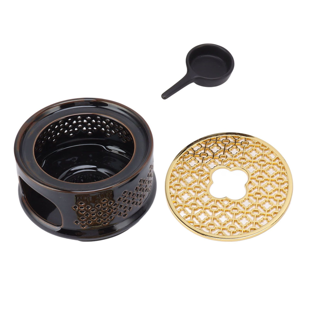 Teapot Warmer Tea Coffee Warmer Base Ceramic Heater with Spoon Lid and Candle Holder Brown