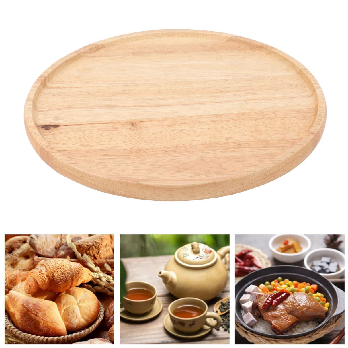 Round Wood Tray 30cm Simple Style Stable Serving Tray for Breakfast Pizza Fruit Snacks