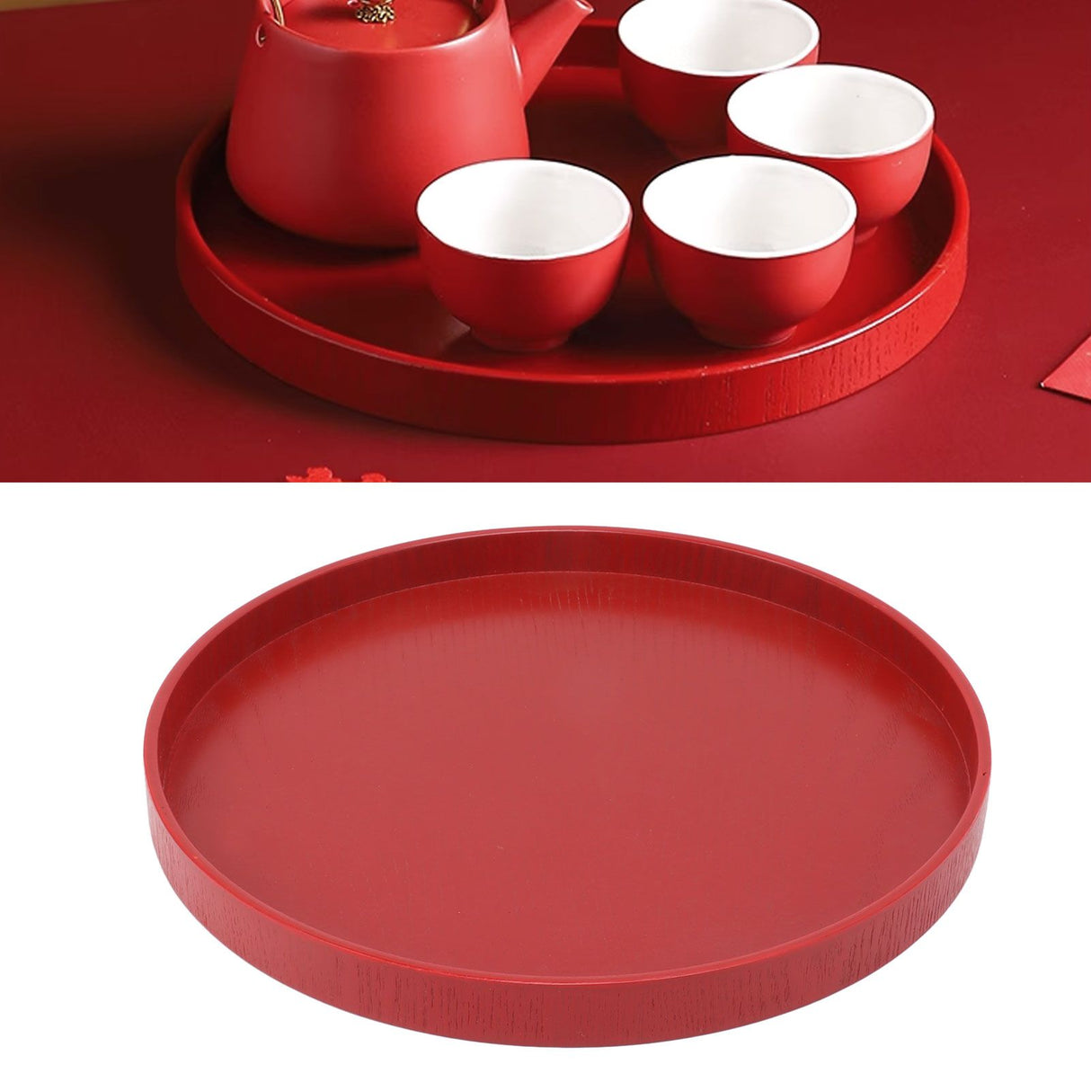 Tea Tray Wooden Wine Red Round Tea Plate Green Tea Baking Serving Plate for Home Tea House 24cm / 9.45in