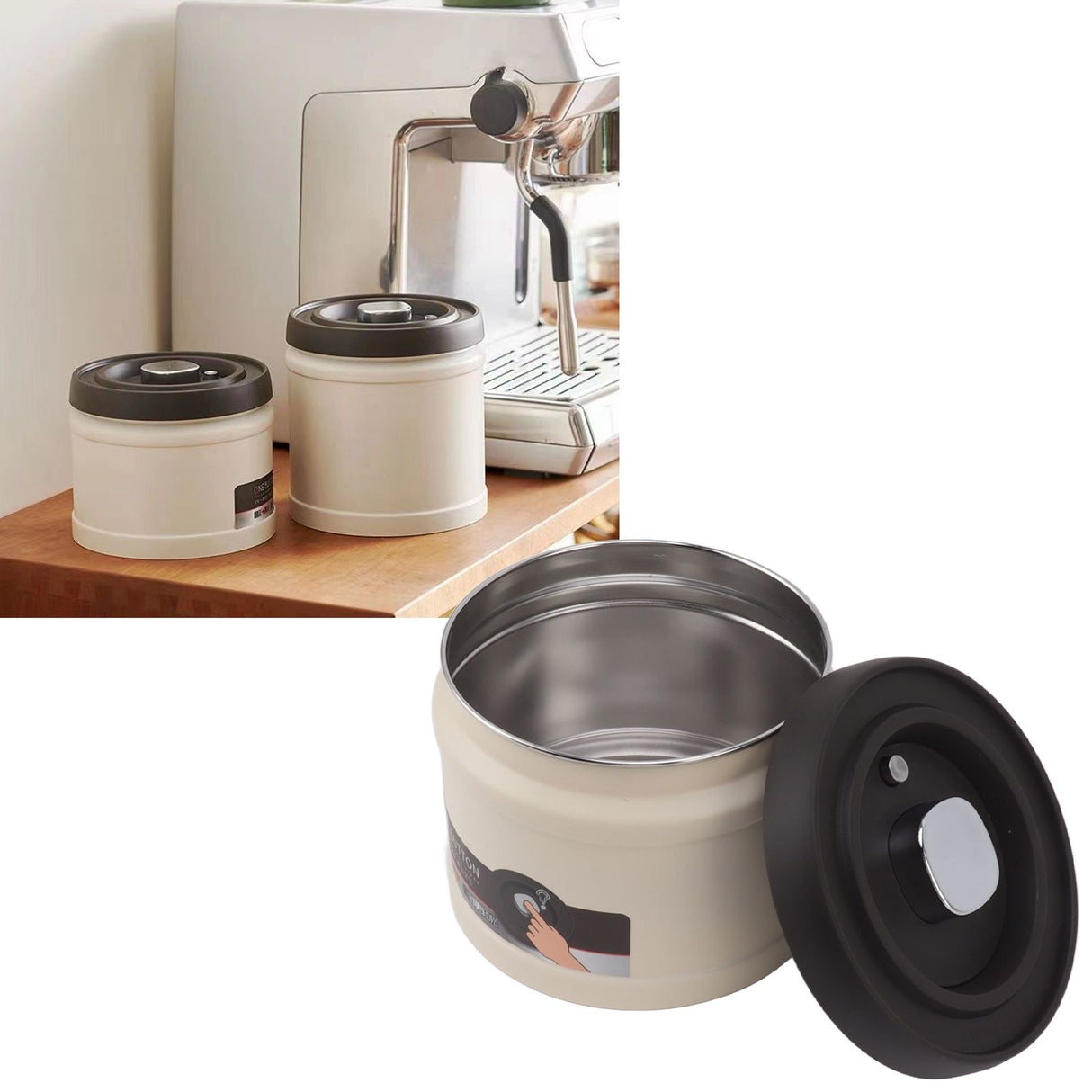 Vacuum Sealed Coffee Container 304 Stainless Steel Press Type Airtight Food Storage Container for Coffee Beans Tea Nuts 1600ML Beige