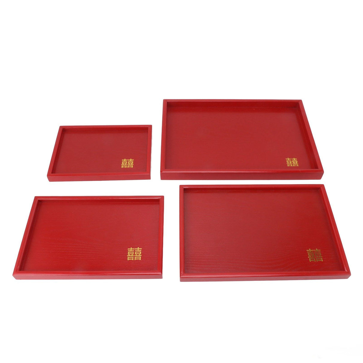 4Pcs Serving Tray Chinese Style Red Wedding Tea Coffee Snack Plate Wooden Fruit Candy Salver Square
