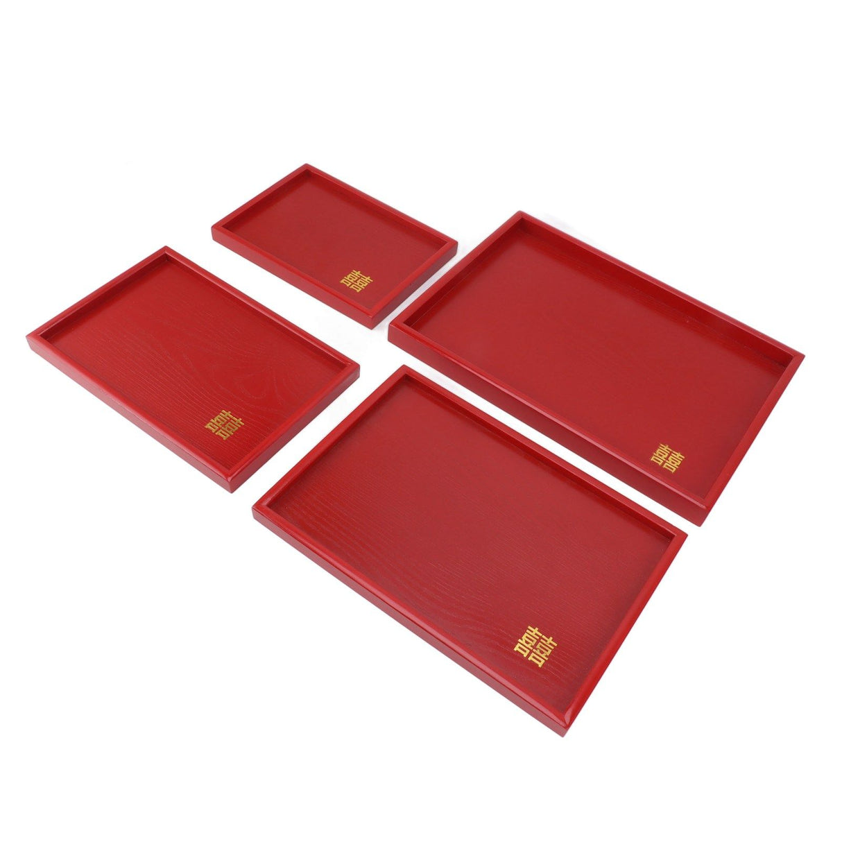 4Pcs Serving Tray Chinese Style Red Wedding Tea Coffee Snack Plate Wooden Fruit Candy Salver Square