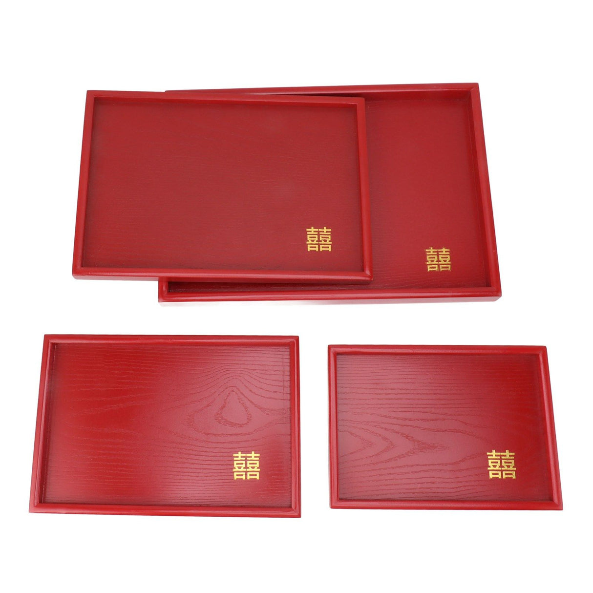 4Pcs Serving Tray Chinese Style Red Wedding Tea Coffee Snack Plate Wooden Fruit Candy Salver Square