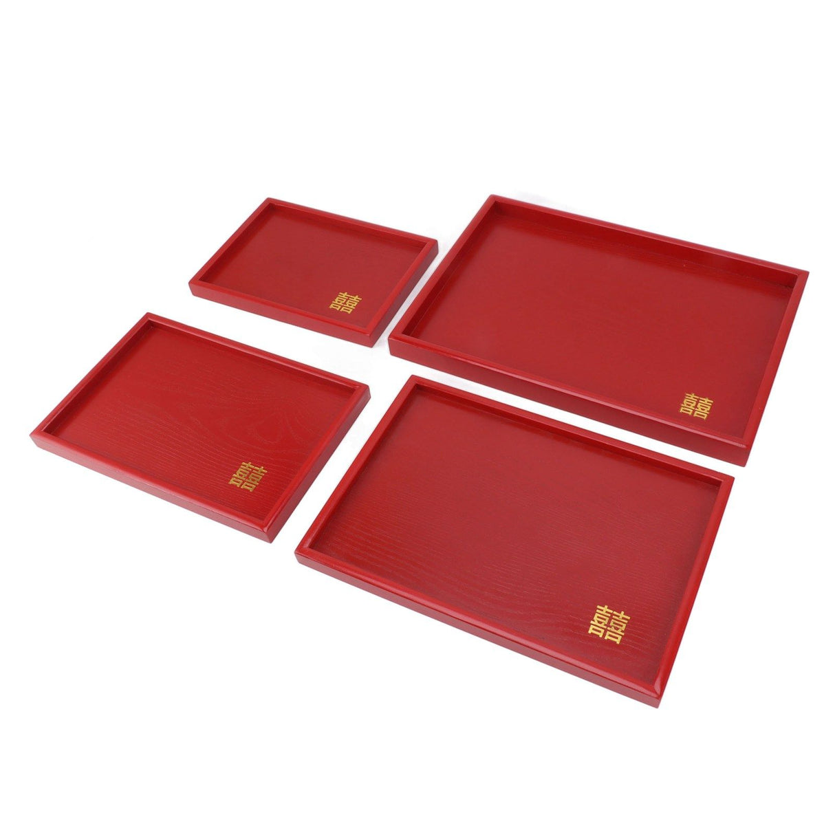 4Pcs Serving Tray Chinese Style Red Wedding Tea Coffee Snack Plate Wooden Fruit Candy Salver Square