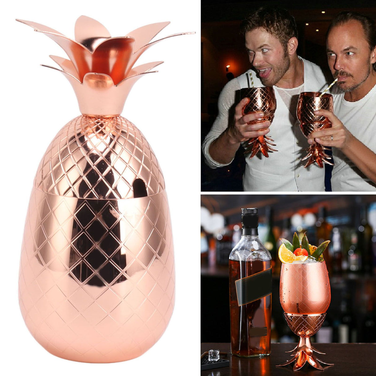 Cocktail Shaker Pineapple Shape Stainless Steel Polished Smooth Surface 500ml for Home Bar Rose Gold