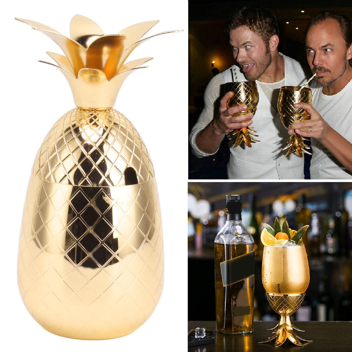 Cocktail Shaker Pineapple Shape Stainless Steel Polished Smooth Surface 500ml for Home Bar Gold