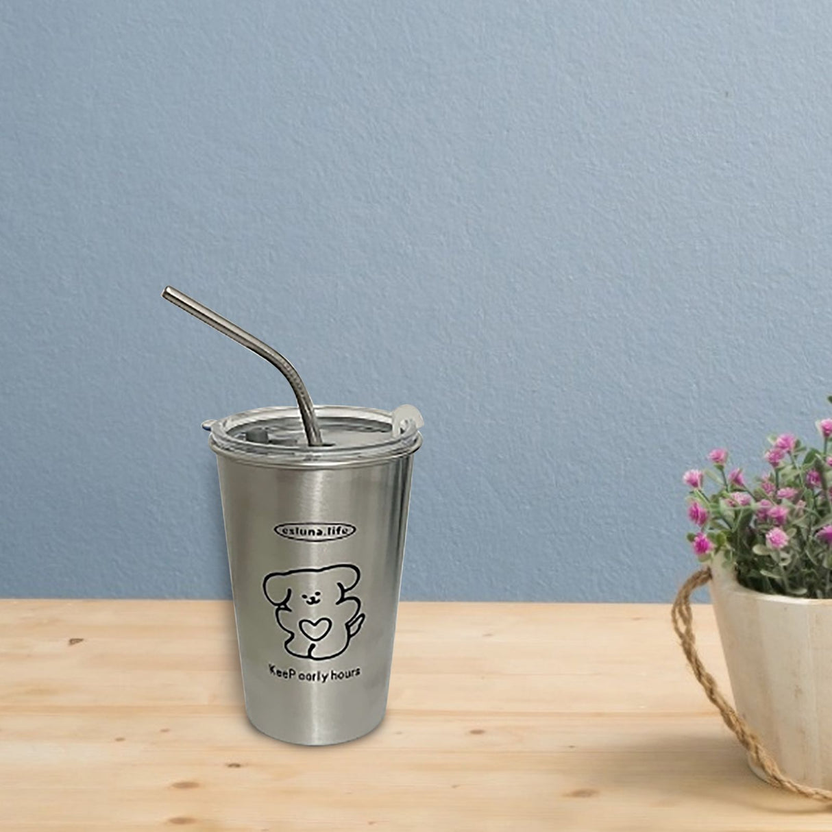 Stainless Steel Cold Tumbler 500ml with Metal Straws Lid Iced Coffee Travel Mug for Coffee Water Tea Loving Dog