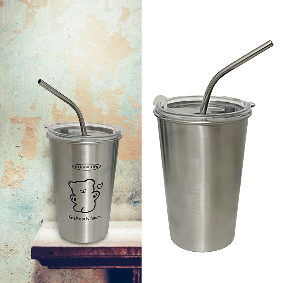 Stainless Steel Cold Tumbler 500ml with Metal Straws Lid Iced Coffee Travel Mug for Coffee Water Tea Happy Bear