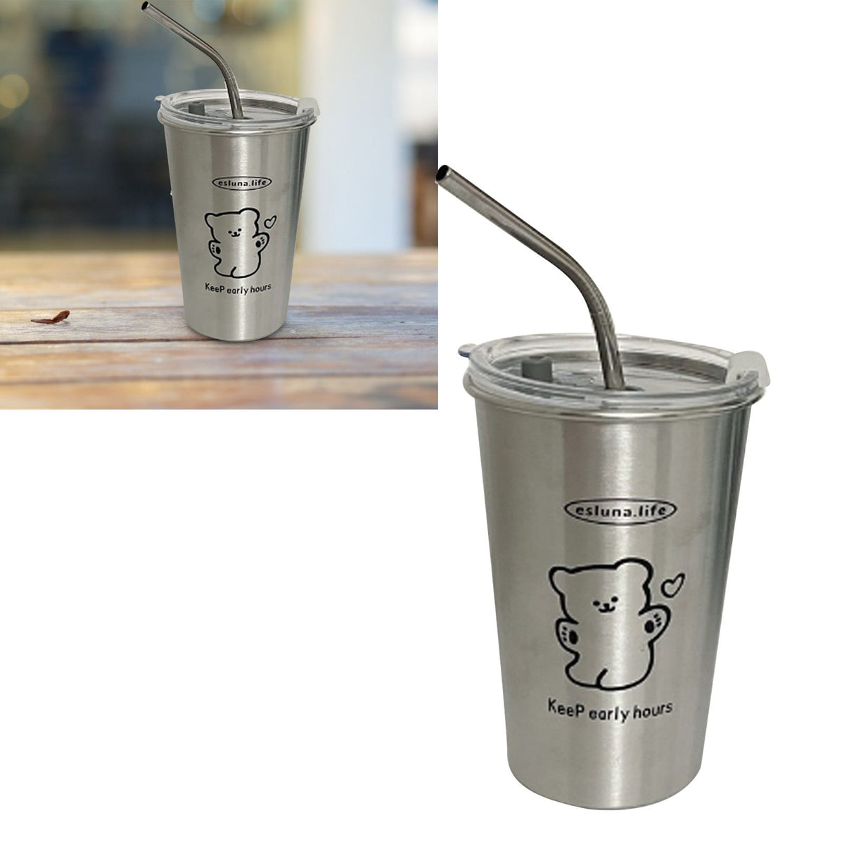 Stainless Steel Cold Tumbler 500ml with Metal Straws Lid Iced Coffee Travel Mug for Coffee Water Tea Happy Bear