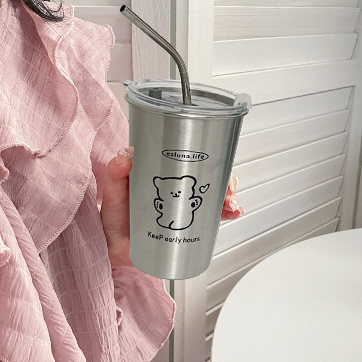 Stainless Steel Cold Tumbler 500ml with Metal Straws Lid Iced Coffee Travel Mug for Coffee Water Tea Happy Bear