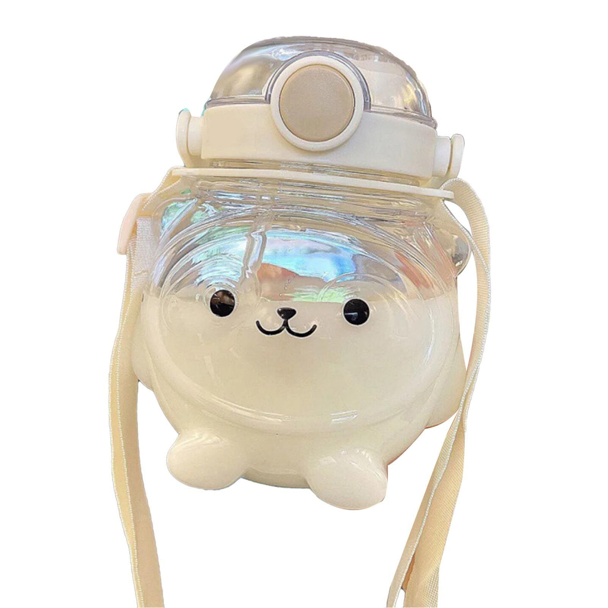 Large Water Bottle 1000ml Cartoon Bear Shape Portable Drinking Bottle with Straw Strap for Summer White